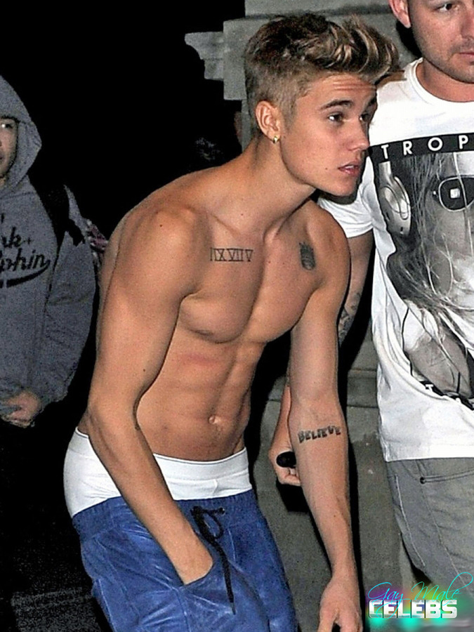 Justin Bieber shirtless and flashing his underwear